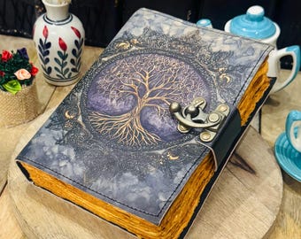 Tree of Life 400 Page Grimoire Vintage leather journal, Blank spell book of shadows