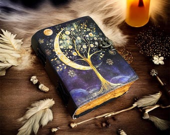 Handmade Leather Journal – Moon Tree Celestial Diary with Deckle Edge Paper