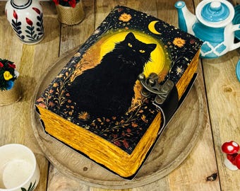 Handmade Black Cat Journal | Gothic Vintage Grimoire | Witchcraft Spell Book | Antique Deckle Paper Notebook.