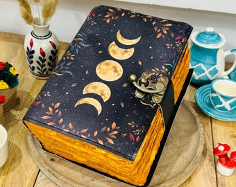 Grimoire Vintage leather journal, Moon Phase Handmade Fat Journal, Blank spell book of shadows Celestial Gifts For Him Her