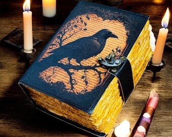Raven lederen grimoire-dagboek, vintage spreukenboek, blanco boek der schaduwen