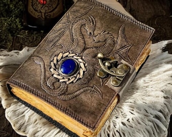 Amethyst Double Dragon Leather Journal | Original Embossed Handmade DND Notebook, 4 Stone Choices | Personalised Dragon Journal