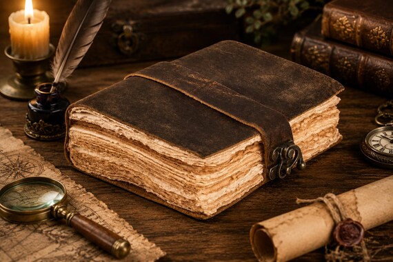 Vintage Leather Journal – Spell Book, Grimoire, Travel Notebook, Deckle Edge Paper, Lock Closure