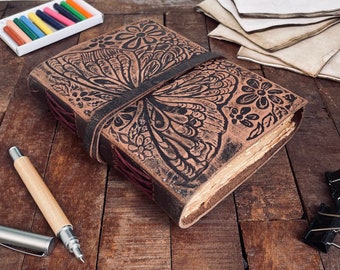 butterfly Leather Journal, Notebook Or Sketchbook Vintage Antique Deckle Edge journalling pages, Best Gift for Women 7x5 Inch.