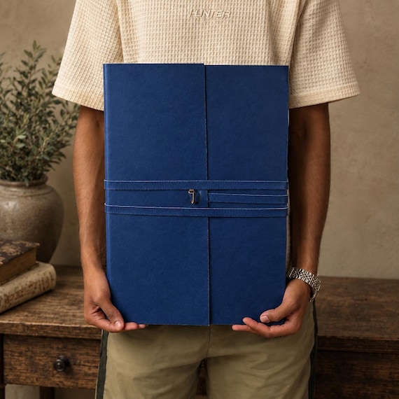 Extra-large, hand-stitched leather journal with deckle-edge pages — the kind of book that feels like it belongs in a wizard's study or a traveler's satchel.