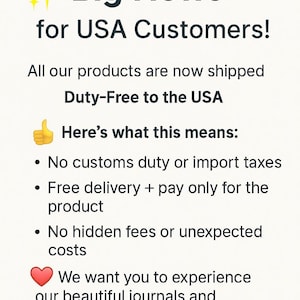 Pu&ograve; includere: Un grafico informativo bianco con testo scuro che recita Big News for USA Customers! All our products are now shipped Duty-Free to the USA. Here's what this means: No customs duty or import taxes, Free delivery, No hidden fees or unexpected costs.