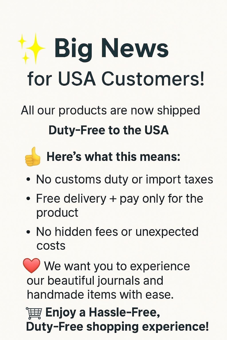 Pu&ograve; includere: Un grafico informativo bianco con testo scuro che recita Big News for USA Customers! All our products are now shipped Duty-Free to the USA. Here's what this means: No customs duty or import taxes, Free delivery, No hidden fees or unexpected costs.