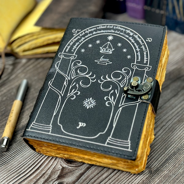 Doors of Durin from Tolkien Lord of the Rings - Handmade Leather Journal Book of Shadow fantasy journal wedding guest book gift for him/her.