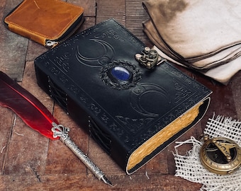 Triple Moon Leather Grimoire, Crystal Stone Book of Shadows