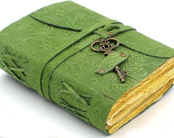 Green Floral Embossed Leather Journal, Antique Deckle Edge Paper