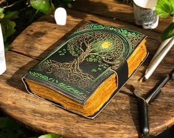400 Page Large Grimoire leather journal, Print Tree of Life Journal, Blank spell book book of shadows Leather Celestial Gifts For Him Her.