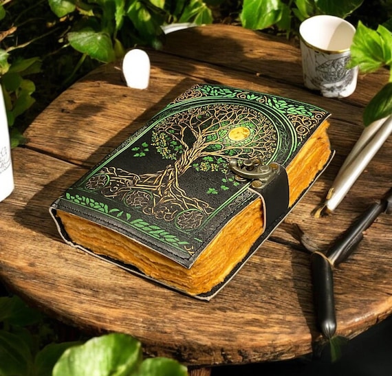 400 Page Large Grimoire Leather Journal, Print Tree of Life