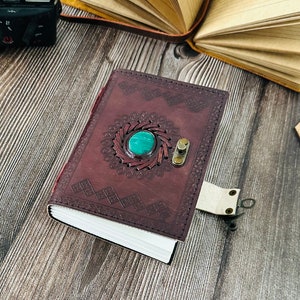 Embossed Leather Diary With Green Stone & Metal Lock – Handmade Journal ...