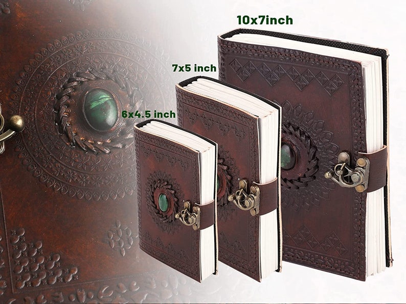 Embossed Leather Diary With Green Stone & Metal Lock – Handmade Journal ...