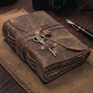 Vintage Leather Journal Notebook with Antique Key | Handmade Rustic Deckle Edge Paper Christmas Gift