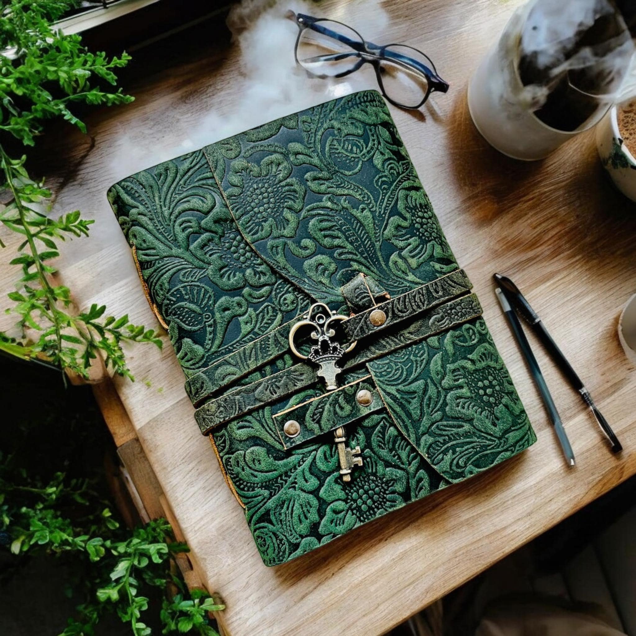 Green Floral journal -Leather grimoire -Handmade Deckle Edge Paper Leather Bound Journal -Book of Shadow -Leather Sketchbook-Drawing Journal