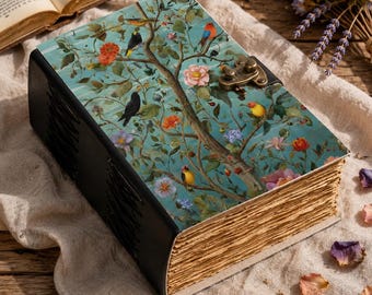 Grimoire Birds & Flower Leather Journal - Floral Vintage Notebook | Key Handmade Diary | Engraved Journal Gift for Writers and Nature Lovers