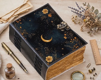 Personalized Grimoire Floral Moon Leather Journal – Celestial Spell Book of Shadows, Vintage Pages, Christmas Gift