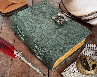 Green Floral Leather Journal: Antique Deckle Edge Paper, Book of Shadows
