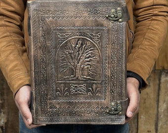 Extra Large Embossed Leather Journal: Tree of Life Design, 220 Pages, Metal Clasp
