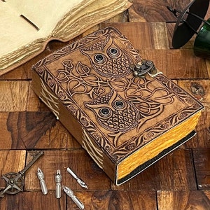 Diario in pelle vintage con gufo celtico, quaderno per scrivere da donna, carta antica con bordo frastagliato, diario del libro delle ombre