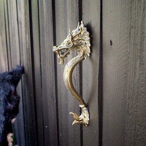 May include: A brass dragon-shaped door handle mounted on a dark brown wooden door. The handle features intricate details, including the dragon's head, body, and claws. The dragon's head is facing left, and the handle curves downward.
