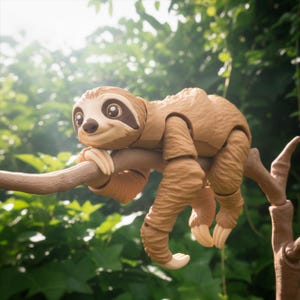 May include: A light brown sloth toy with articulated limbs hangs from a brown branch. The sloth has a smiling face with large eyes and tan markings. The background is a blurred green foliage.