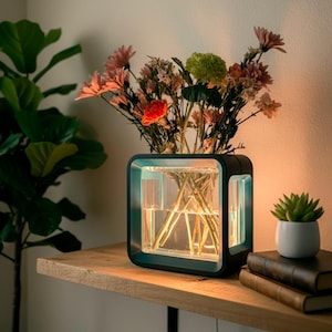 May include: A modern, square vase with a black frame and a clear interior, holding a bouquet of colorful flowers. The vase sits on a wooden shelf with a small succulent in a white pot and a stack of books. The overall aesthetic is contemporary.