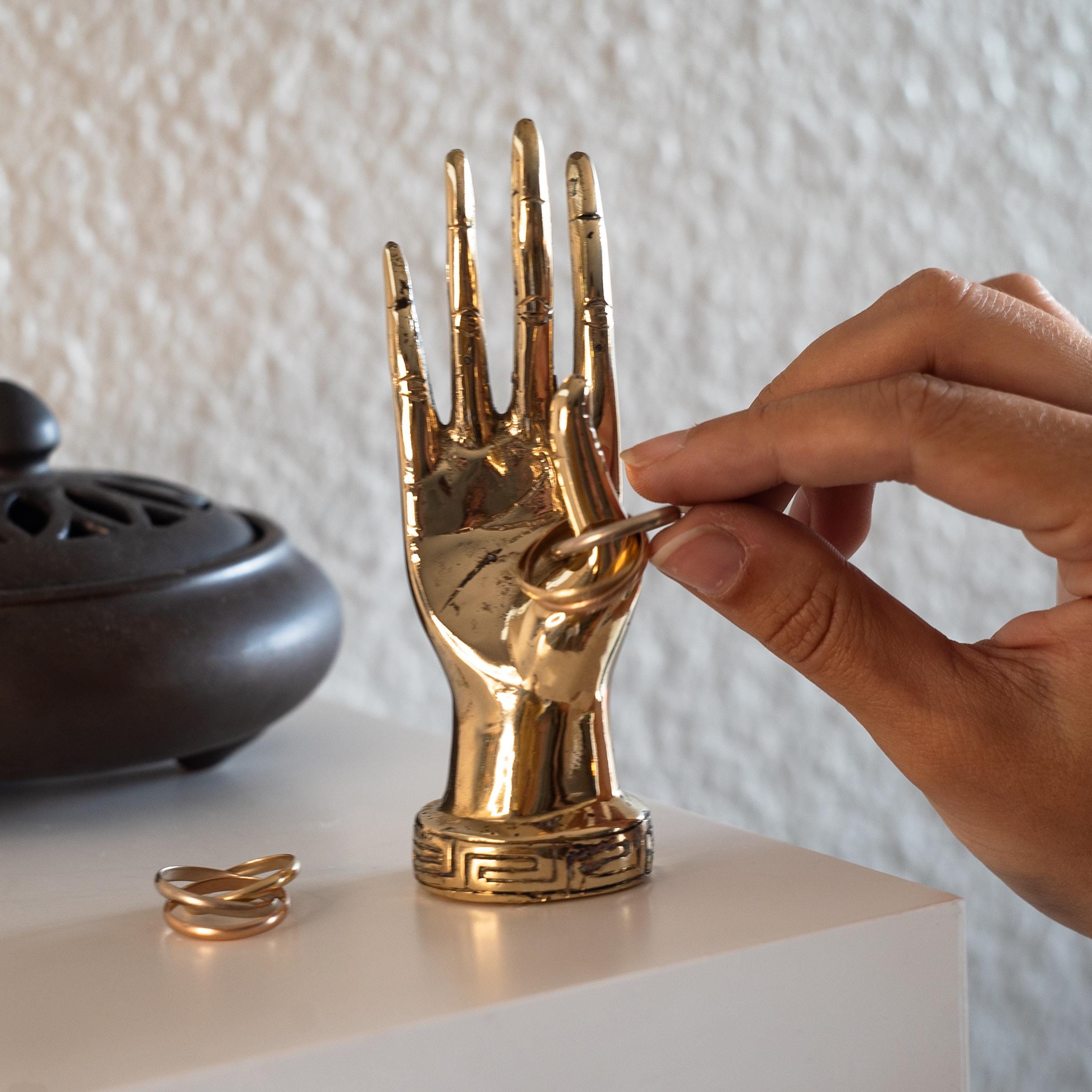 Brass Hand Ring Holder, Vintage Gold Jewelry Stand, Artistic Ring Display, Unique Home Decor, Handcrafted Brass Sculpture, Elegant Gift Idea