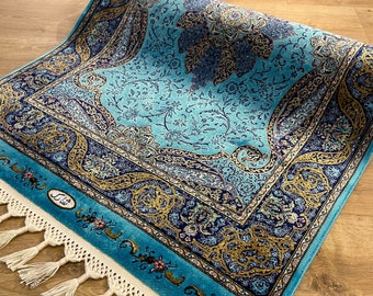 2x3 Blue Gold Silk Rug, Luxury Silk Rug, Palace Silk Rug, High Quality Silk Rug, Silk from Turkey, Persian Rug Carpet For Living Room