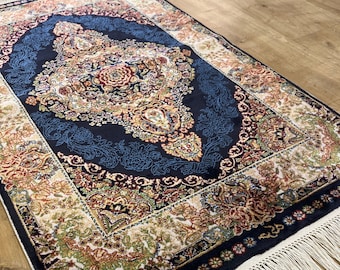 2x3 ft Blue Beige Silk Rug, Small Silk Rug, Silk Table Mat, Tapestry, High Quality Rug, Decorative Rug, Silk Wall Rug, Gift Silk Rug