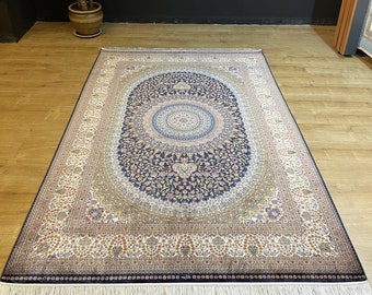 5x8 ft Dark Blue Beige Silk Rug, High Quality Rug, Carpet For Living Room, Palace Silk Rug, Naturel Silk Rug from Turkiye, Luxury Silk Rug