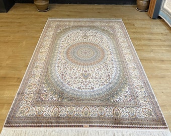 5x8 ft Beige Green Turkish Silk Rug, Silk Carpet, Silk Bamboo Rug, Silk Rug Oushak, Bamboo Rug, Luxury Silk Rug, High Quality Silk Rug