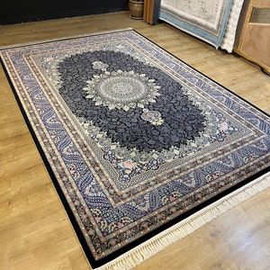 7x10 ft Blue Black Silk Rug, %100 Modal Silk Rug, Silk Carpet, High Quality Rug, Silk Rug from Turkey, Persian Rug, Carpet For Living Room