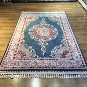 5x8 ft Blue Beige Bamboo Silk Rug, Palace Silk Rug, Silk Rug, Carpet For Living Room, High Quality Silk Rug, Naturel Silk Rug from Turkey
