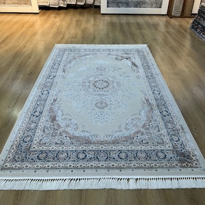 5x8 ft Beige Blue Modal Silk Carpet, Silk Rug, 5x8 ft, Palace Silk Rug, High Quality Rug, Naturel Silk Rug from Turkey, Rug For Living Room