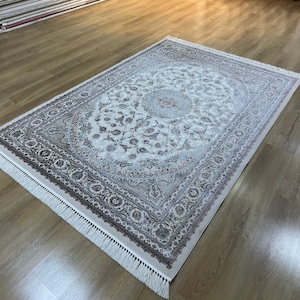 5x8 ft Beige Blue Modal Silk Carpet, Silk Rug, High Quality Rug, Naturel Silk Rug from Turkey, Rug For Living Room, Palace Silk Rug, 5x8 ft