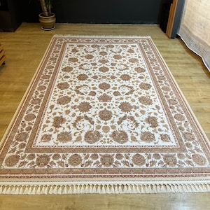 5 x 8 ft beige gouden bloemen zijden tapijt, zijden tapijt, hoogwaardig tapijt, tapijt voor woonkamer, paleiszijden tapijt, naturel zijden tapijt uit Turkije