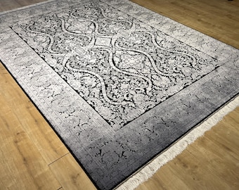 7x10 ft Black and Silver Turkish Style Rug, Traditional Area Rug, Living Room Carpet