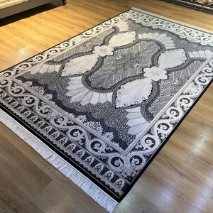 Tappeto in seta grigio-nero 7 x 10 piedi, tappeto oversize, tappeto di alta qualità, tappeto per soggiorno, tappeto in seta Palace, tappeto in seta naturale dalla Turchia