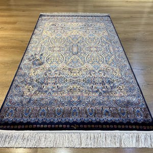 3x5 ft Navy Blue Beige Silk Carpet, High Quality Silk Rug, Rug For Livingroom, Palace Silk Rug, Naturel Silk Rug from Turkiye, Silk Rug