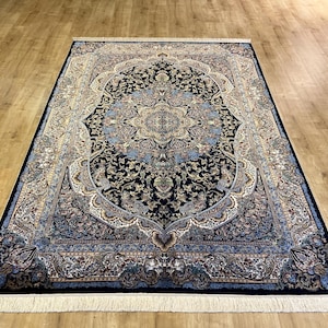 5 x 8 ft zwartblauw zijden tapijt, zijden tapijt uit Turkiye, hoogwaardig tapijt, zijden tapijt, tapijt voor woonkamer, paleiszijden tapijt