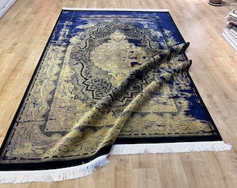 7x10 ft Blue Gold %100 Modal Silk Carpet, Turkish Carpet, Silk Rug, High Quality Rug, Carpet For Living Room, Naturel Silk Rug from Turkiye