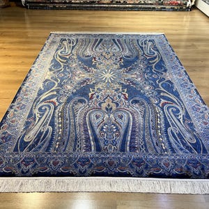 5 x 8 ft donkerblauw gouden zijden tapijt, hoogwaardig tapijt, tapijt voor woonkamer, paleiszijden tapijt, naturel zijden tapijt uit Turkije