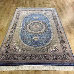 5x8 ft Blue Beige Bamboo Silk Rug, Palace Silk Rug, Silk Rug, Carpet For Living Room, High Quality Silk Rug, Naturel Silk Rug from Turkey