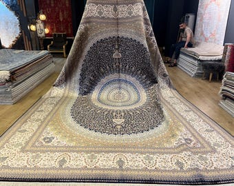 May include: A large, intricately patterned rug with a central medallion in shades of blue, gold, and cream. The rug has a fringe border and is made of a soft, luxurious material.