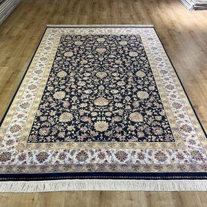 7x10 ft Dark Blue Silk Rug, Persian Silk Rug, Rug For Living Room, 7x10 ft Silk Carpet, Top Quality Silk Rug, Turkish Silk Rug