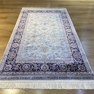 3x5 ft Blue Gray %100 Modal Silk Rug, Living Room Bamboo Rug, Silk Rug, Turkish Silk Rug, Top Quality Rug, Natural Silk Rug, Hereke Silk Rug