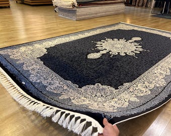 8x11 ft Navy Blue Modal Silk Rug, Traditional Style Carpet