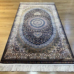 3x5 ft Navy Blue Beige Silk Carpet, High Quality Silk Rug, Rug For Livingroom, Palace Silk Rug, Naturel Silk Rug from Turkiye, Silk Rug